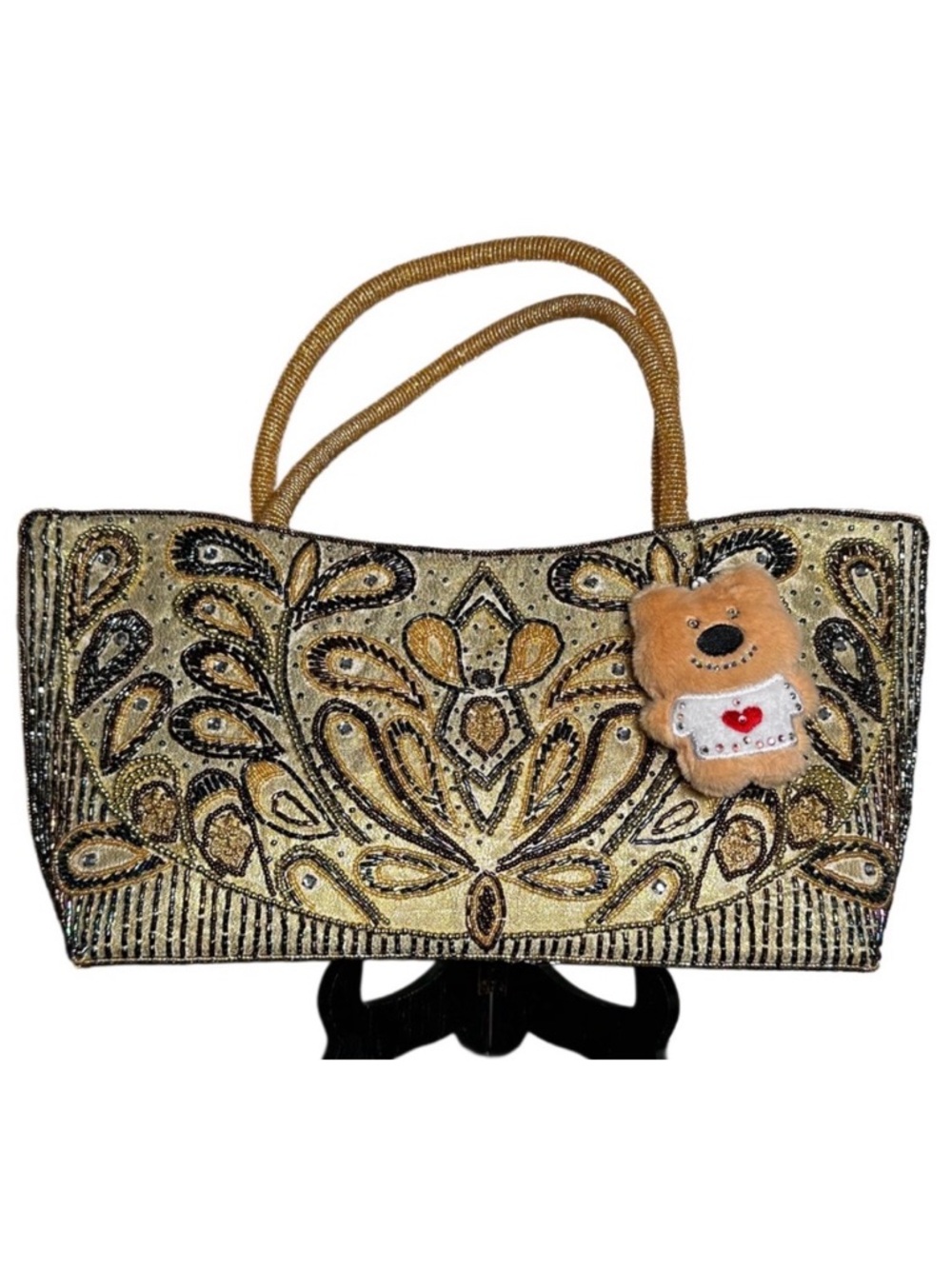 BEADING ELEGANT GOLD FABRIC with intricate geometric rhinestones with free Bear